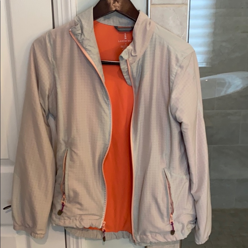 Gray and coral lands end reflective jacket.